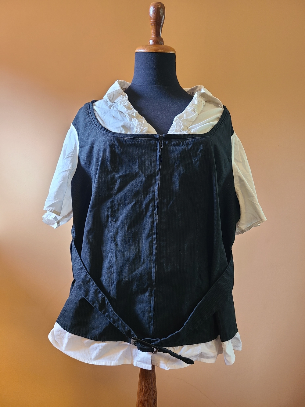 Black Layered Look Belted Women's Top with White Contrast